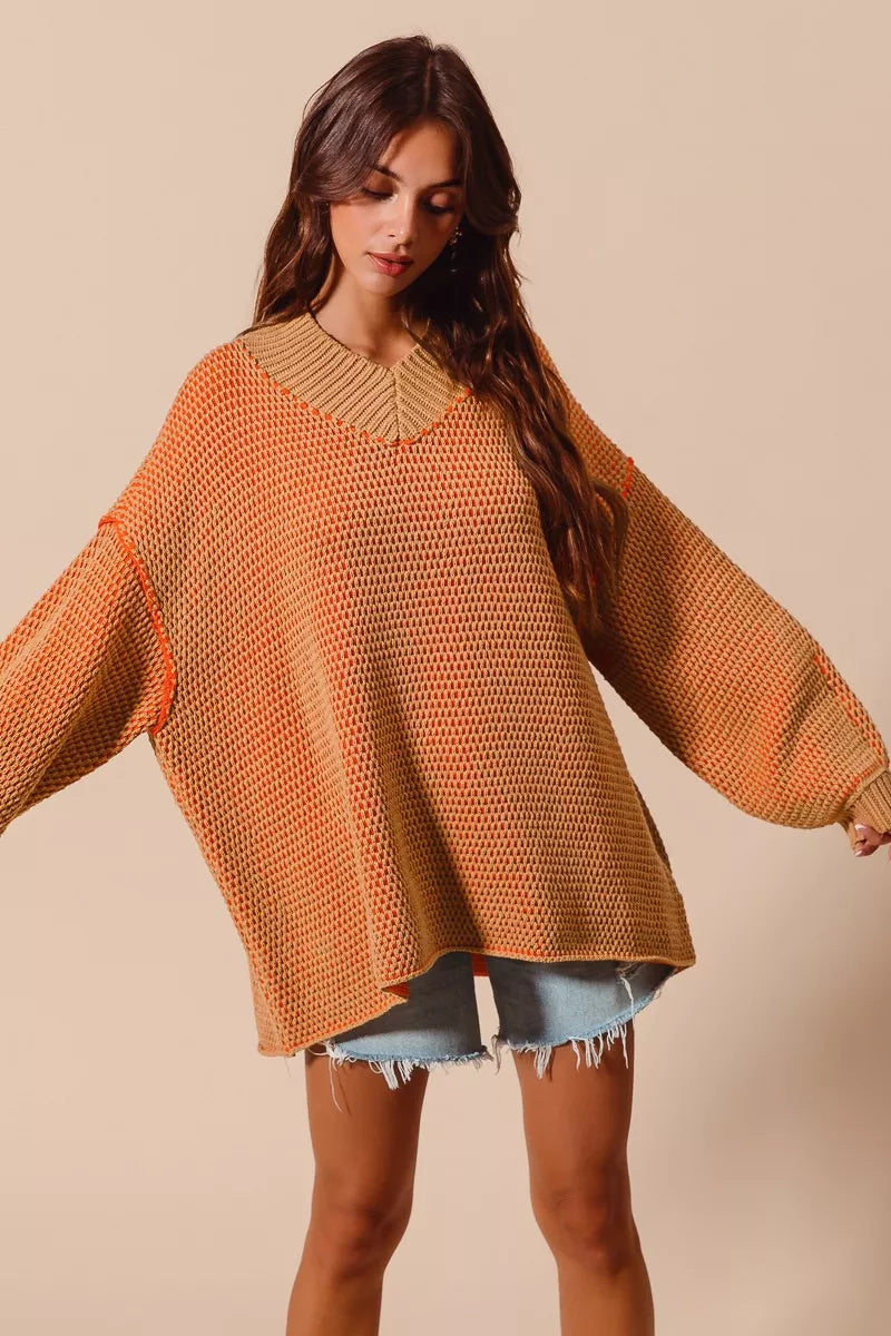 SO ME Oversized Two Tone Textured V Neck Sweater free shipping -Oh Em Gee Boutique