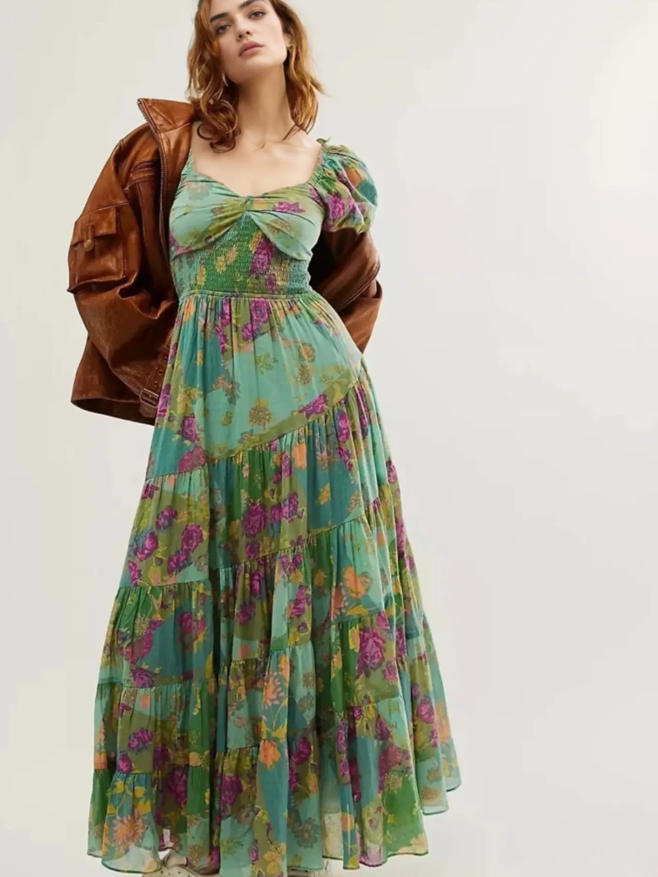 Printed Sweetheart Neck Puff Sleeve Maxi Dress free shipping -Oh Em Gee Boutique