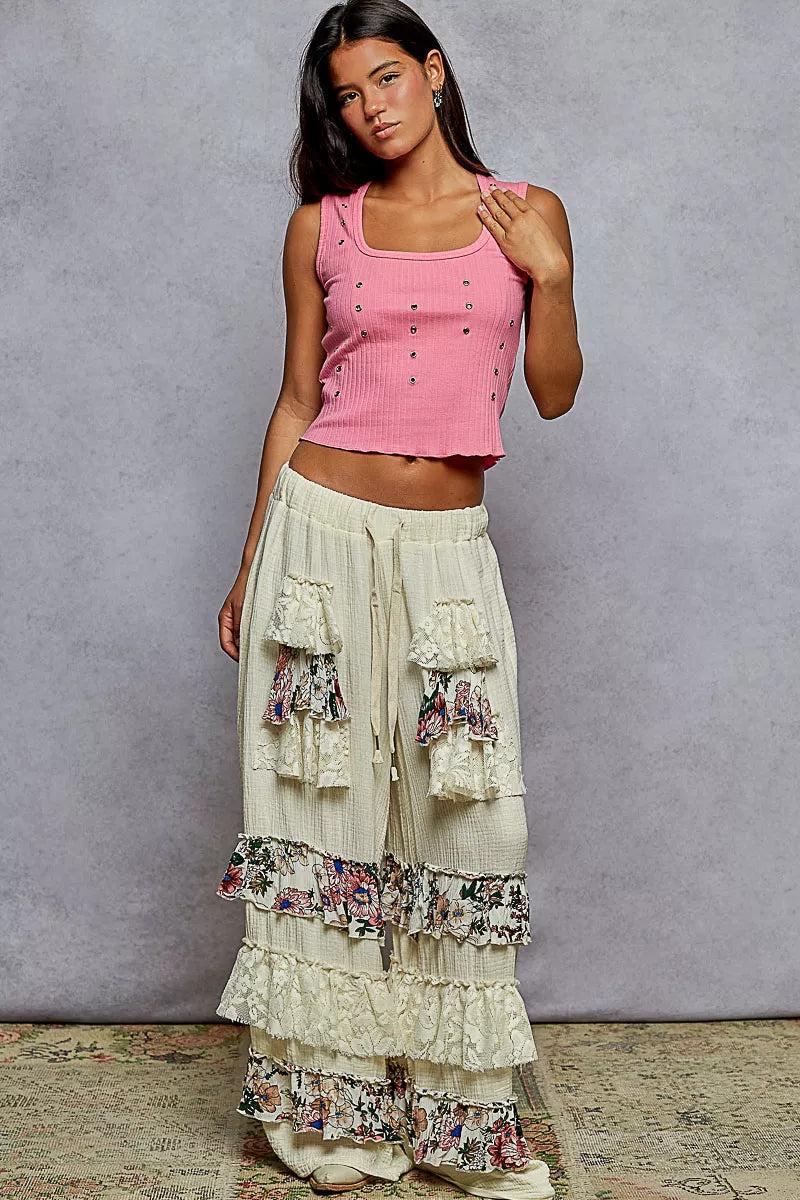 POL Drawstring Double Gauze Wide Leg Pants with Print and Lace Ruffle free shipping -Oh Em Gee Boutique-Max-Origin