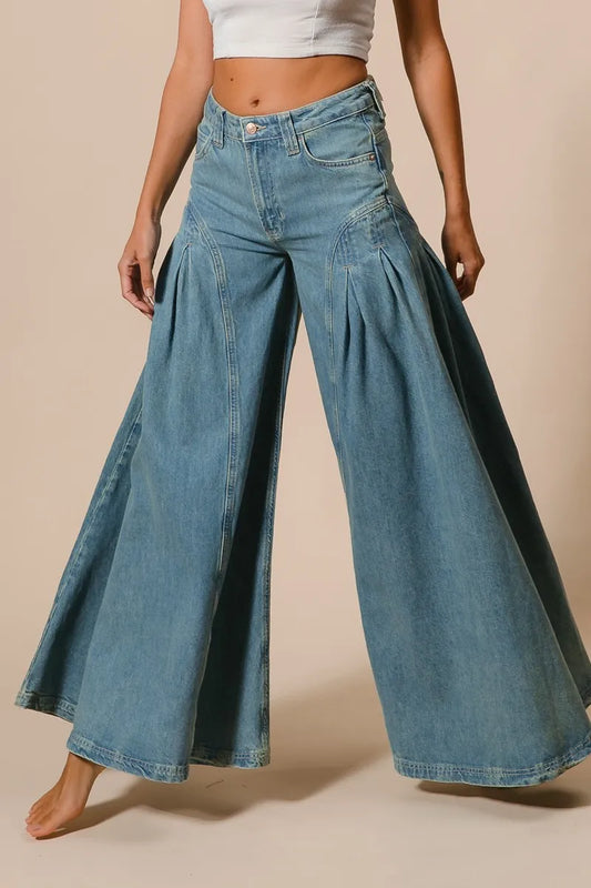 BiBi Pleated Detail Wide Jeans free shipping -Oh Em Gee Boutique