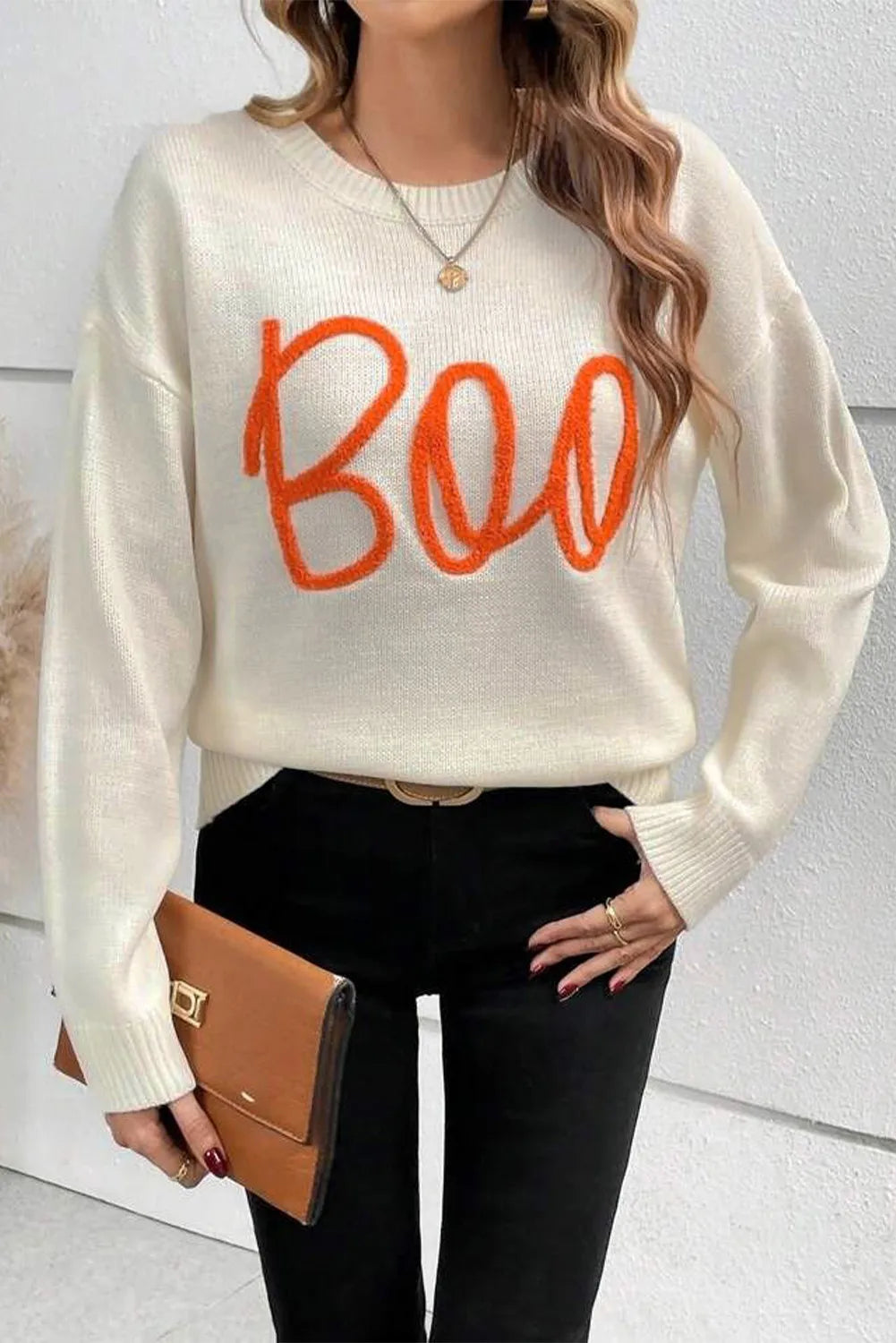 BOO Round Neck Long Sleeve Sweater free shipping -Oh Em Gee Boutique