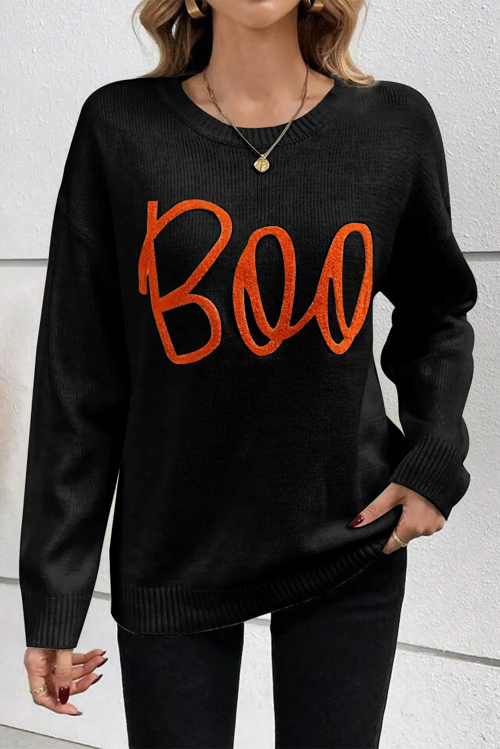 BOO Round Neck Long Sleeve Sweater free shipping -Oh Em Gee Boutique