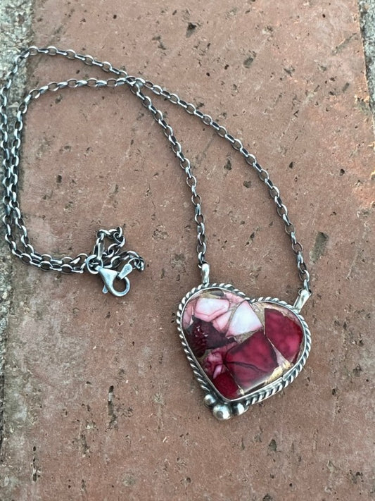 Navajo Rose Dahlia & Sterling Silver Heart Necklace free shipping -Oh Em Gee Boutique