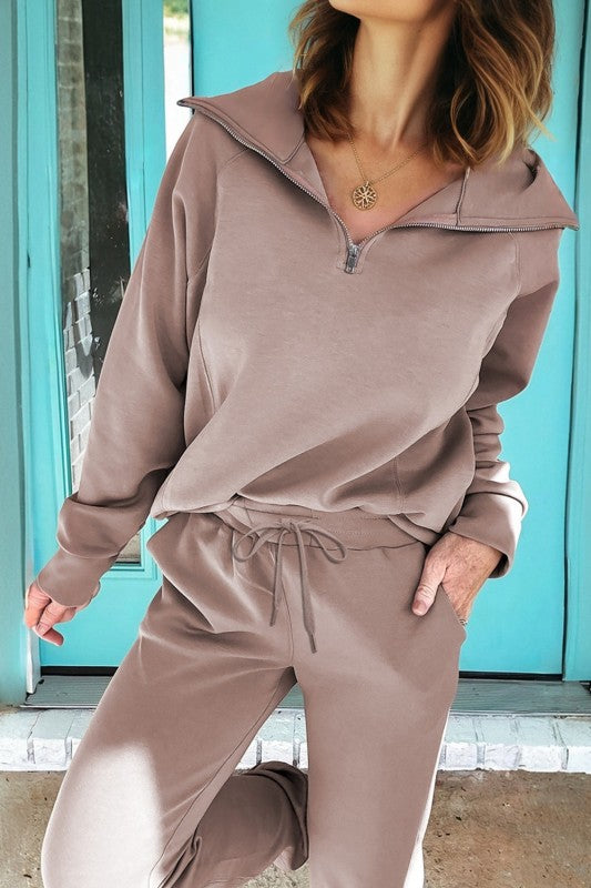 Solid Quarter-Zip Top and Drawstring Pants Set free shipping -Oh Em Gee Boutique