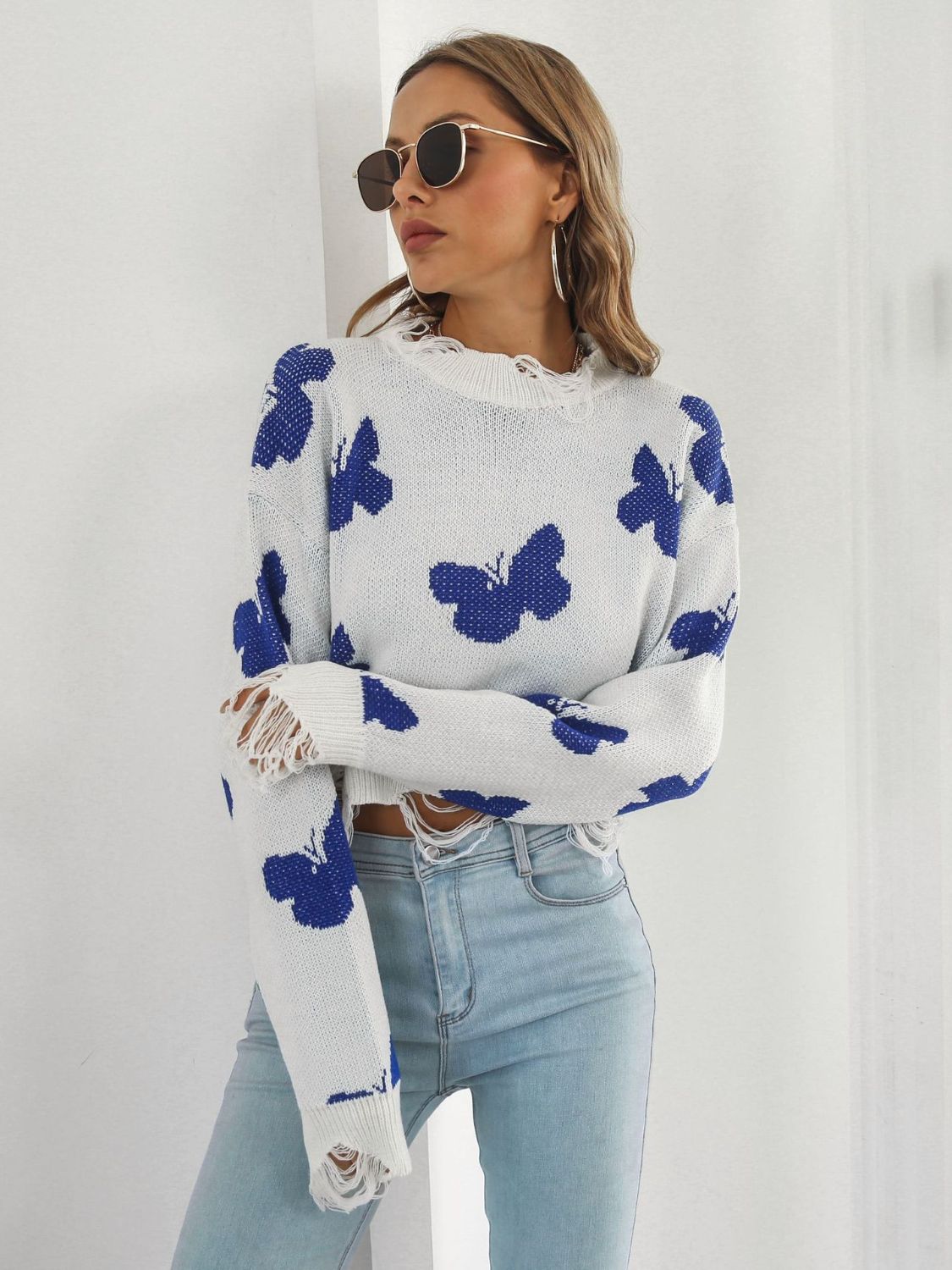 Distressed Butterfly Cropped Sweater free shipping -Oh Em Gee Boutique