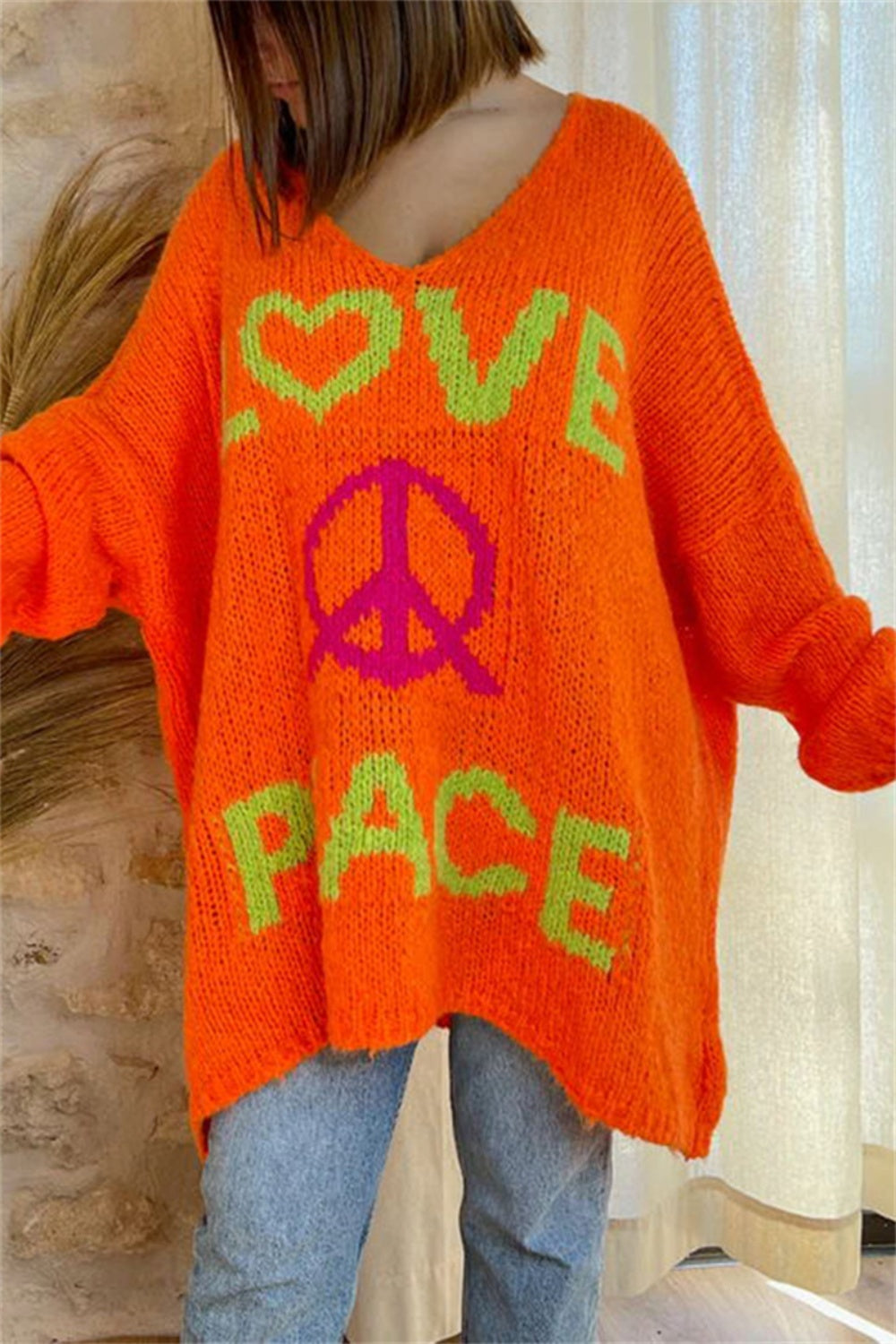 Peace Graphic V-Neck Long Sleeve Sweater free shipping -Oh Em Gee Boutique