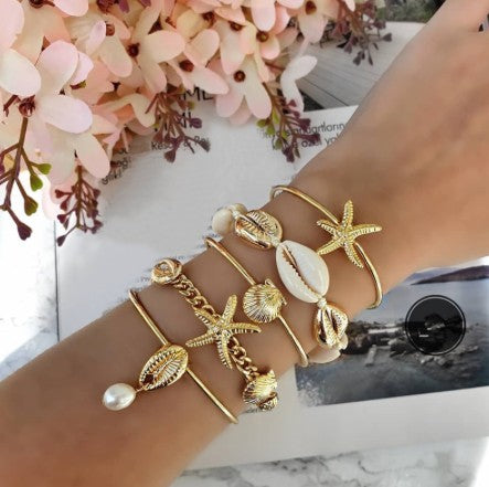 Gold Sea Shell Summer Bangle Bracelet Set free shipping -Oh Em Gee Boutique