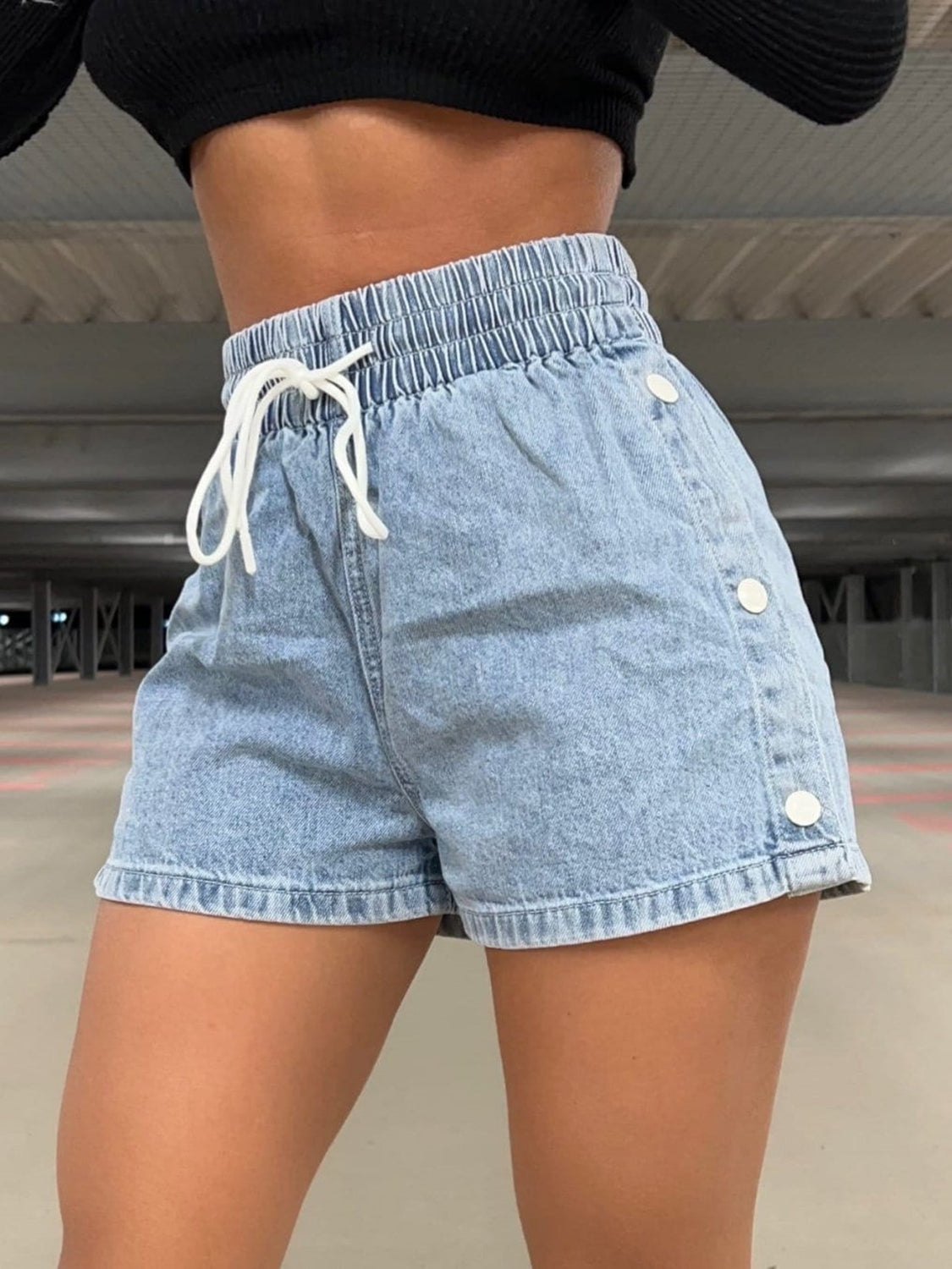 Drawstring High Waist Denim Shorts free shipping -Oh Em Gee Boutique