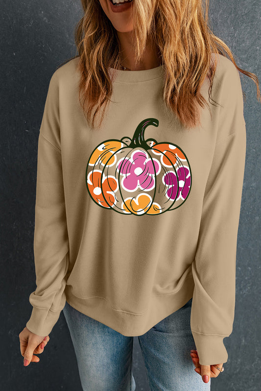 Pumpkin & Flower Graphic Long Sleeve Sweatshirt free shipping -Oh Em Gee Boutique