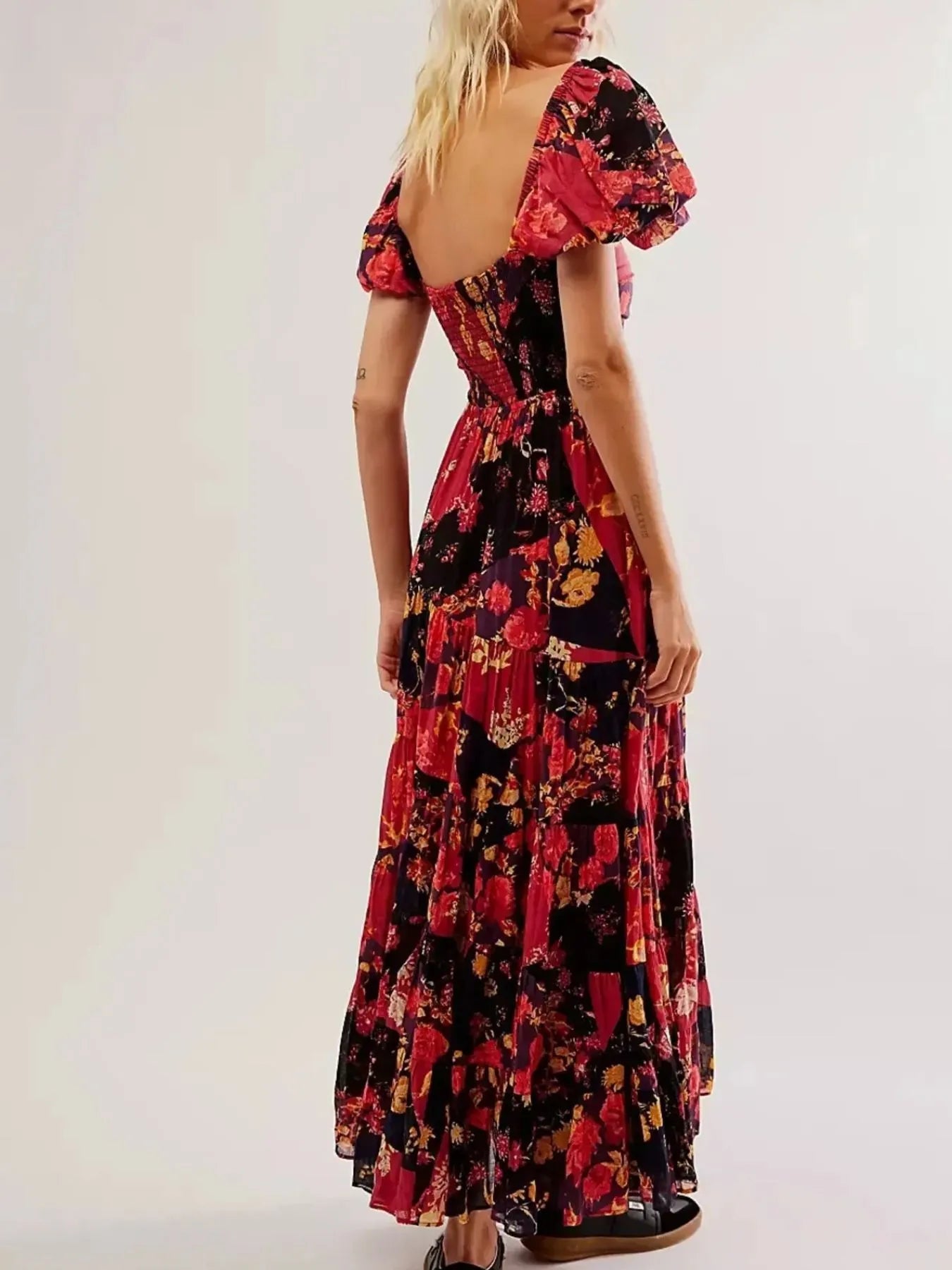 Printed Sweetheart Neck Puff Sleeve Maxi Dress free shipping -Oh Em Gee Boutique