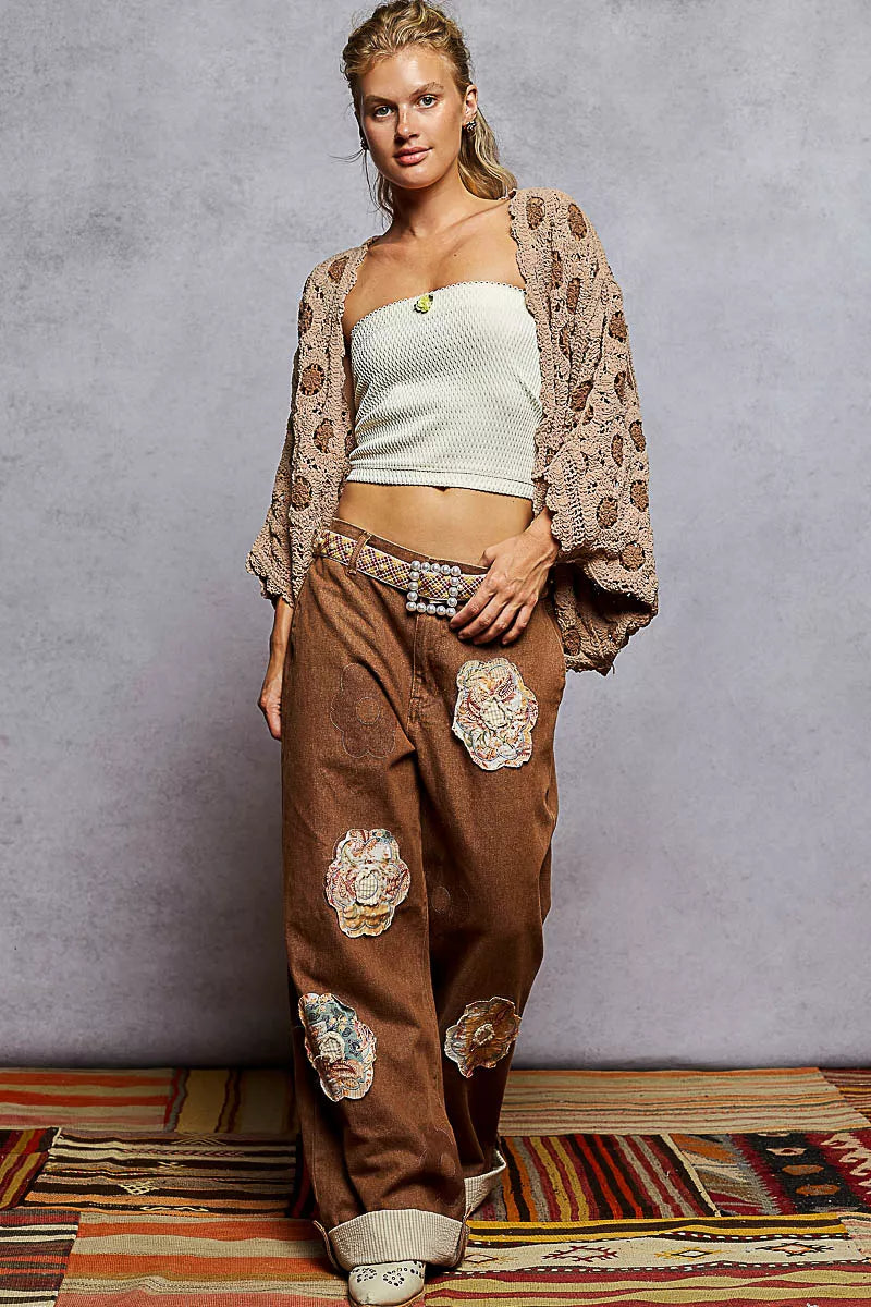POL Openwork V-Neck Chenille Cardigan with Contrast Floral free shipping -Oh Em Gee Boutique