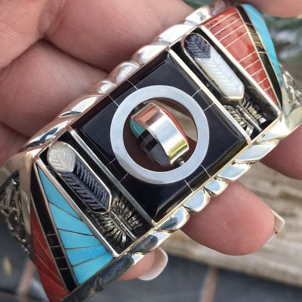 Don Dewa Zuni Sterling Silver Multi-stone SunFace Cuff Bracelet free shipping -Oh Em Gee Boutique