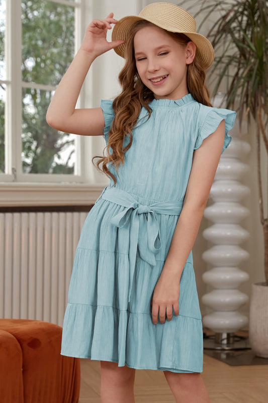 Little Girl's Frill Trim Tie Belt Tiered Dress free shipping -Oh Em Gee Boutique