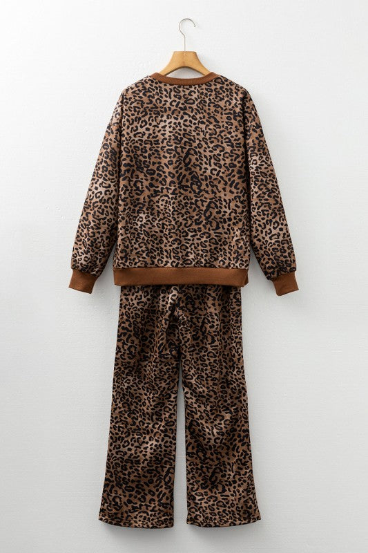 Leopard Contrast Trim Top and Pants Set free shipping -Oh Em Gee Boutique