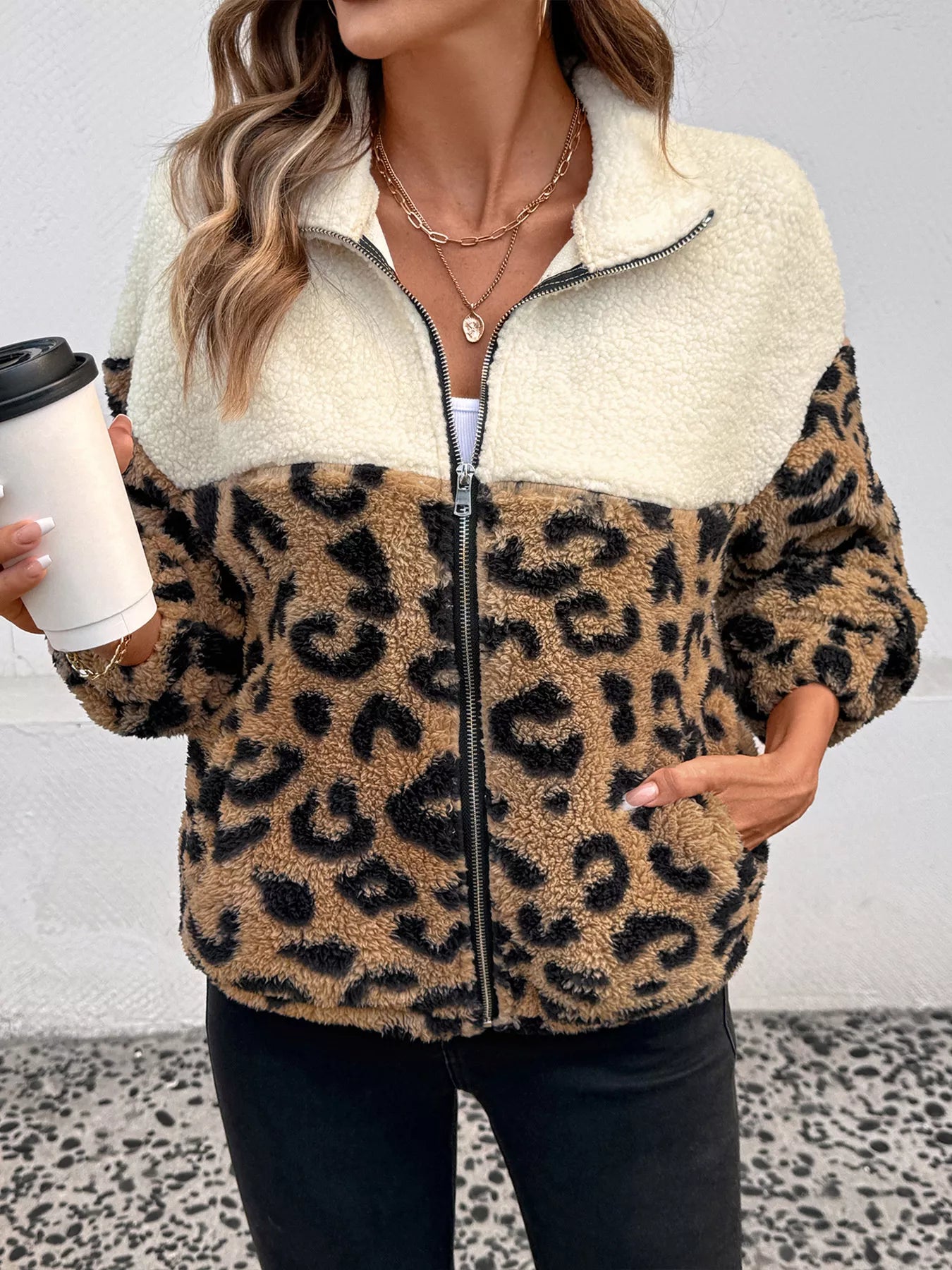 Leopard Zip Up Fleece Jacket free shipping -Oh Em Gee Boutique