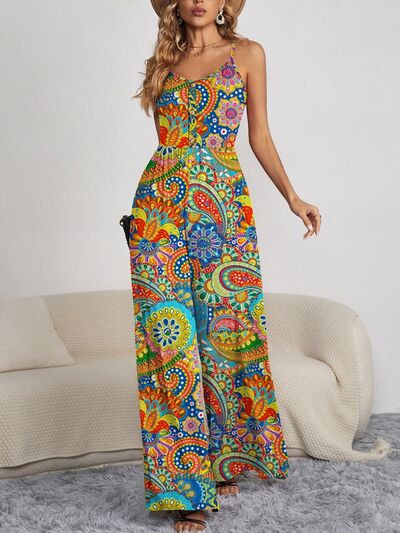 FAM-FAM Decorative Button Spaghetti Strap Wide Leg Jumpsuit free shipping -Oh Em Gee Boutique