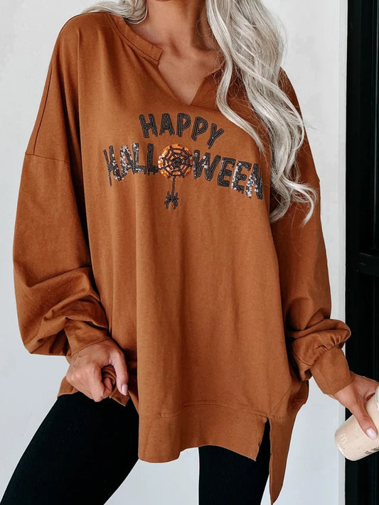 Sequin Letter Graphic Notched Long Sleeve Sweatshirt free shipping -Oh Em Gee Boutique