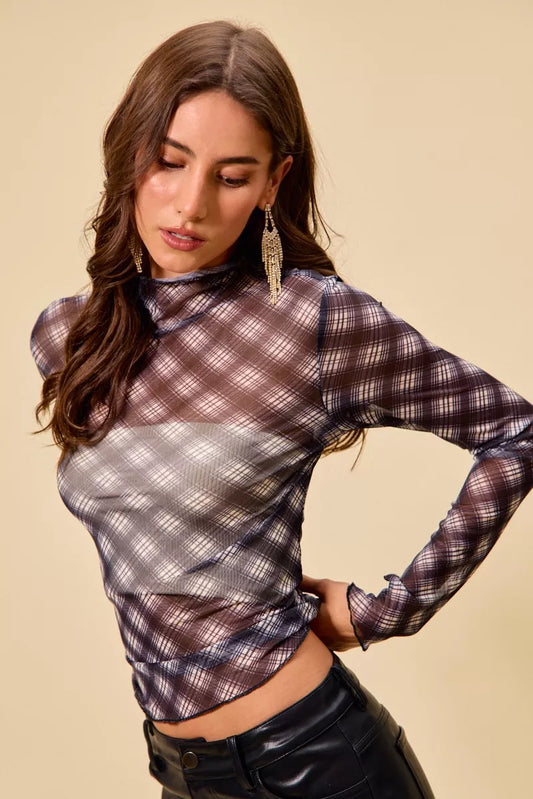 SO ME Plaid Mesh Knit Long Sleeve Top with Thumb Opening free shipping -Oh Em Gee Boutique
