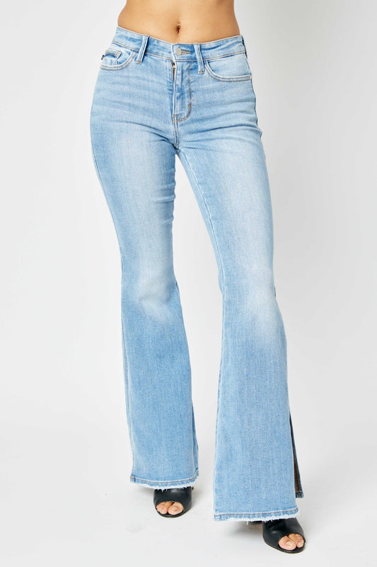 Judy Blue Full Size Mid Rise Raw Hem Slit Flare Jeans free shipping -Oh Em Gee Boutique