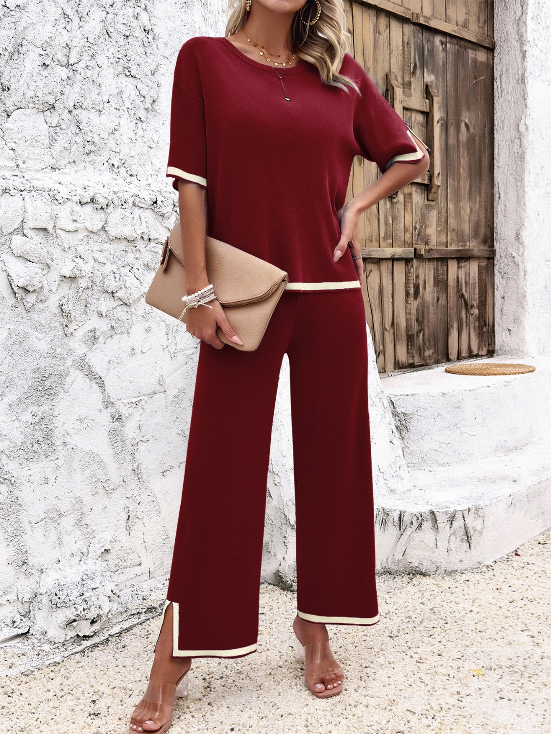 Devine Contrast Trim Round Neck Top and Pants Set free shipping -Oh Em Gee Boutique