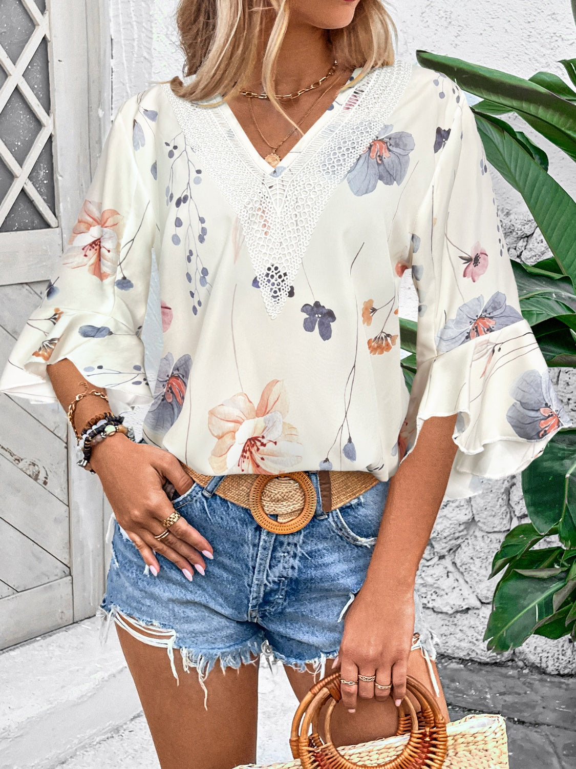 Ruffled Printed V-Neck Half Sleeve Blouse free shipping -Oh Em Gee Boutique