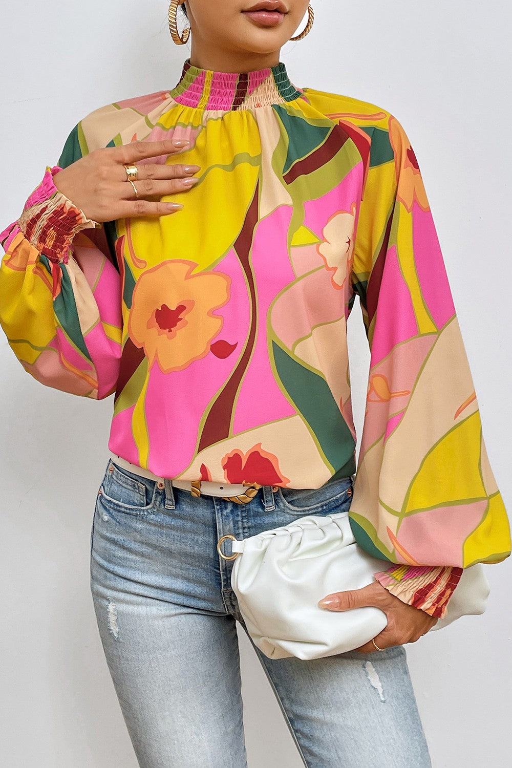 Floral Smocked Lantern Sleeve Mock Neck Blouse free shipping -Oh Em Gee Boutique