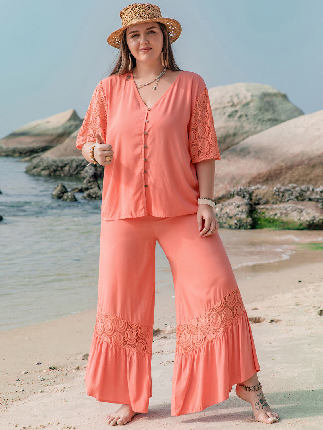 Plus Size Button Up Half Sleeve Top and Pants Set free shipping -Oh Em Gee Boutique