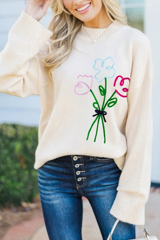 Embroidered Flower Ribbed Loose Sweater free shipping -Oh Em Gee Boutique
