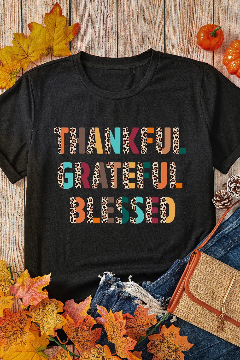 Thankful Letter Graphic Round Neck Short Sleeve T-Shirt free shipping -Oh Em Gee Boutique