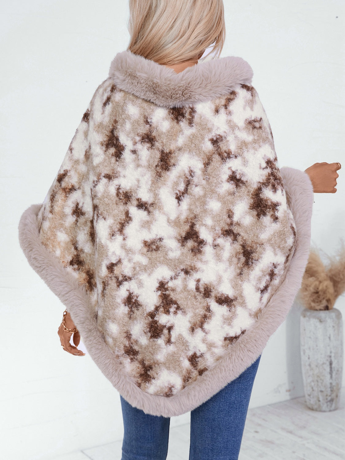 Furry Contrast Three-Quarter Poncho free shipping -Oh Em Gee Boutique