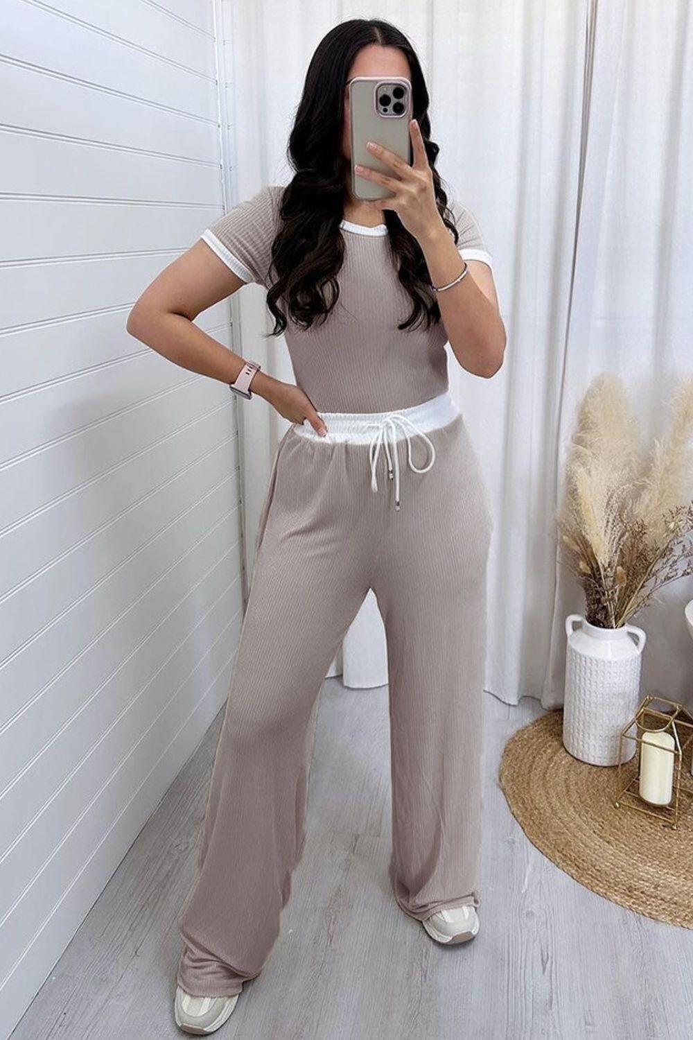 Contrast Trim Round Neck Top and Pants Set free shipping -Oh Em Gee Boutique