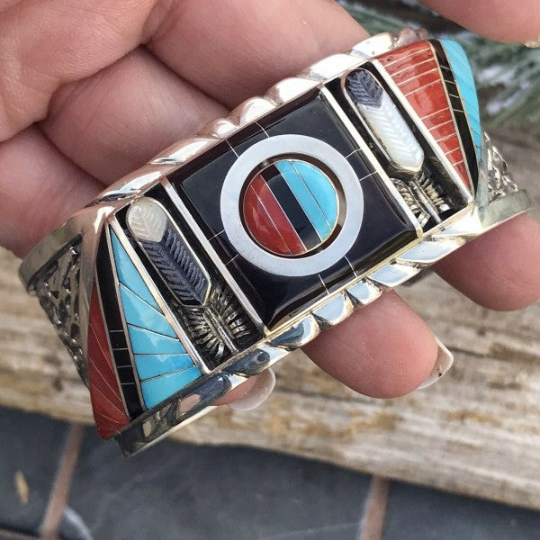 Don Dewa Zuni Sterling Silver Multi-stone SunFace Cuff Bracelet free shipping -Oh Em Gee Boutique