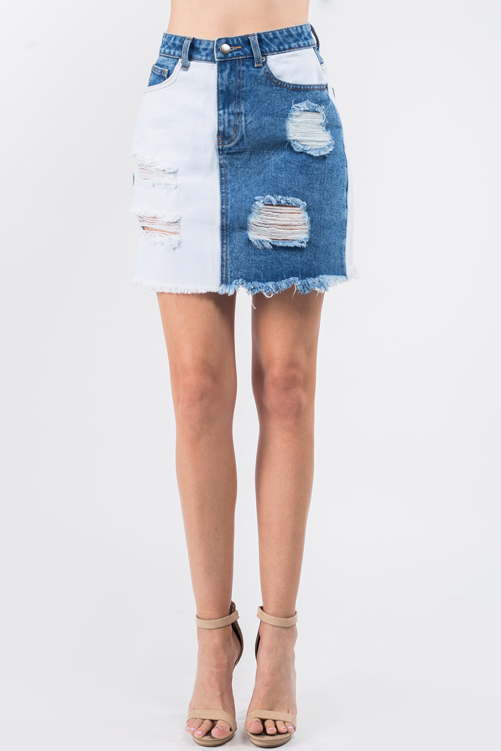 American Bazi Contrast Patched Frayed Denim Distressed Skirts free shipping -Oh Em Gee Boutique