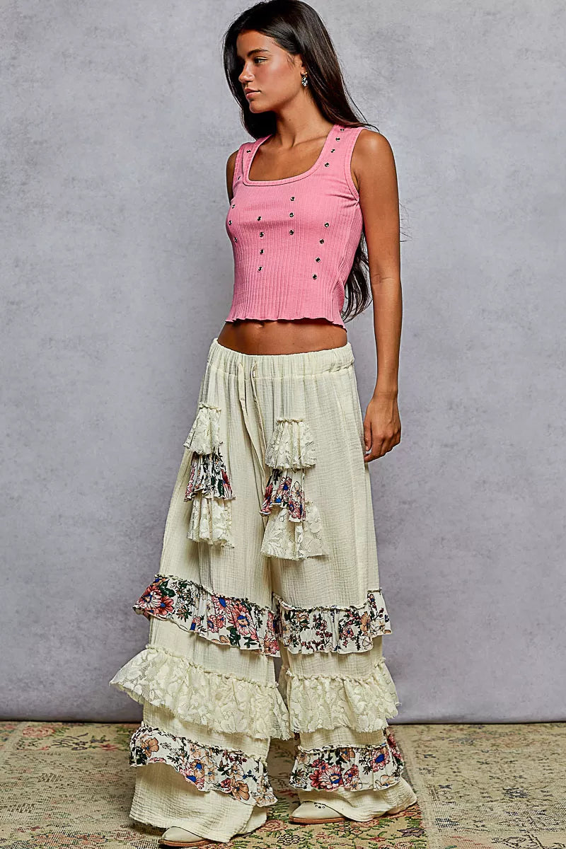POL Drawstring Double Gauze Wide Leg Pants with Print and Lace Ruffle free shipping -Oh Em Gee Boutique