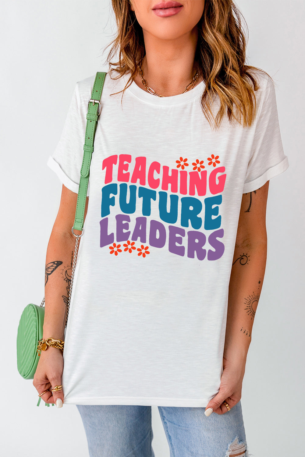 Letter Graphic Round Neck Short Sleeve T-Shirt, Teacher Vibes free shipping -Oh Em Gee Boutique