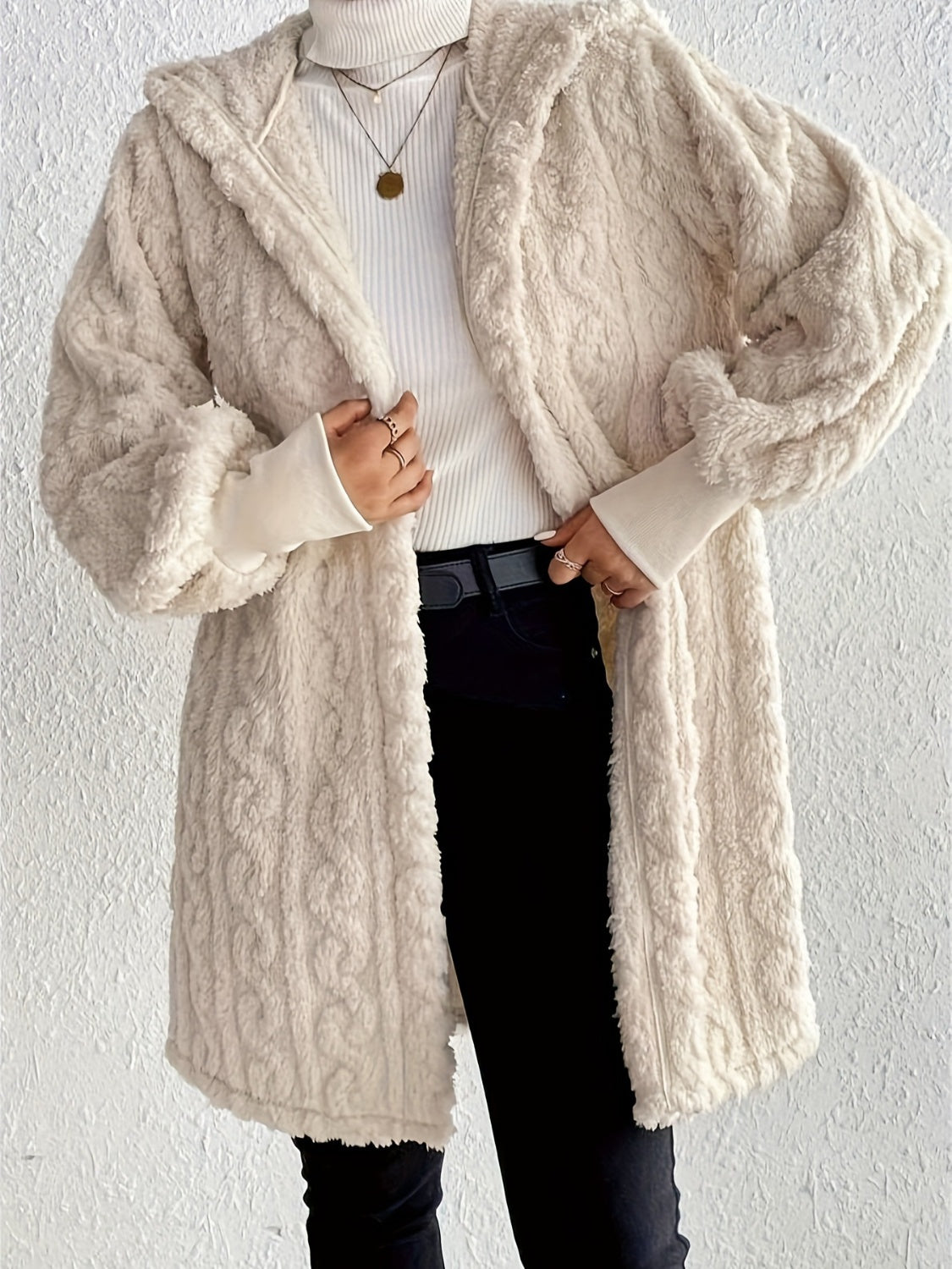 Open Front Long Sleeve Fuzzy Hooded Jacket free shipping -Oh Em Gee Boutique