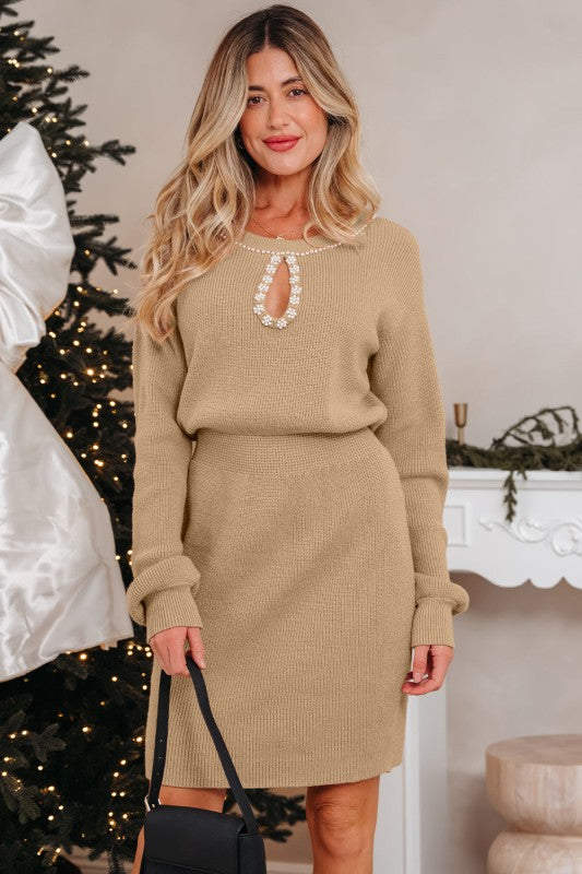 Pearl Embellished Keyhole Ribbed Sweater Dress free shipping -Oh Em Gee Boutique
