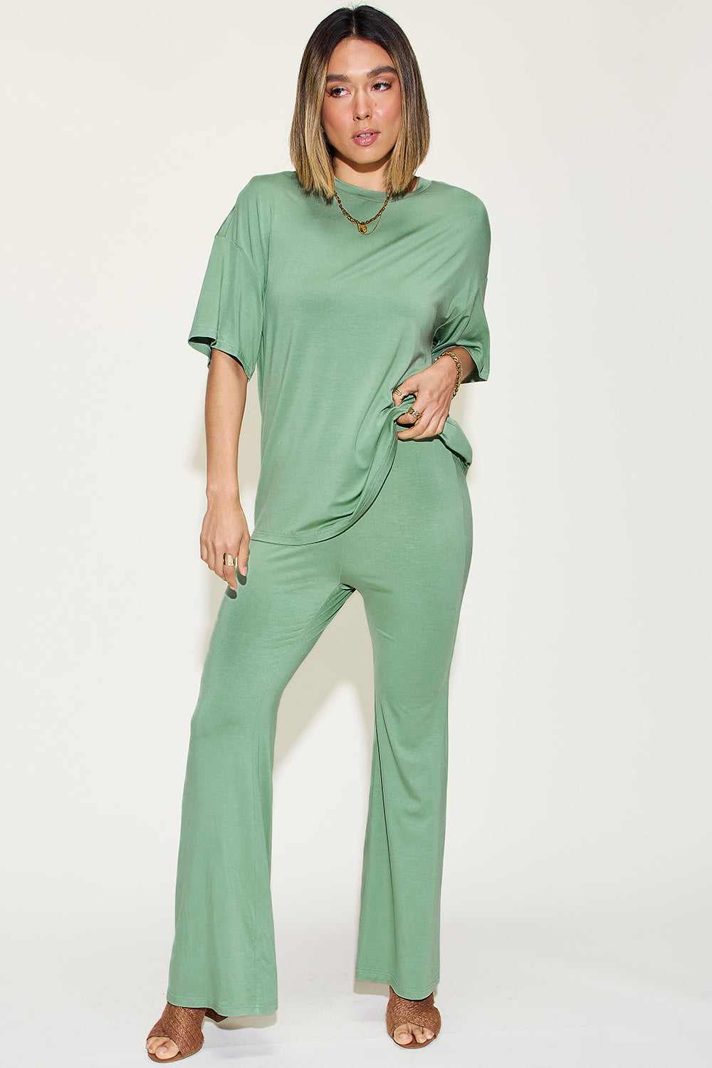 Basic Bae Full Size Bamboo Drop Shoulder T-Shirt and Flare Pants Set free shipping -Oh Em Gee Boutique