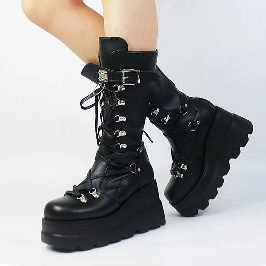 PU Leather Lace Up Wedge Boots free shipping -Oh Em Gee Boutique