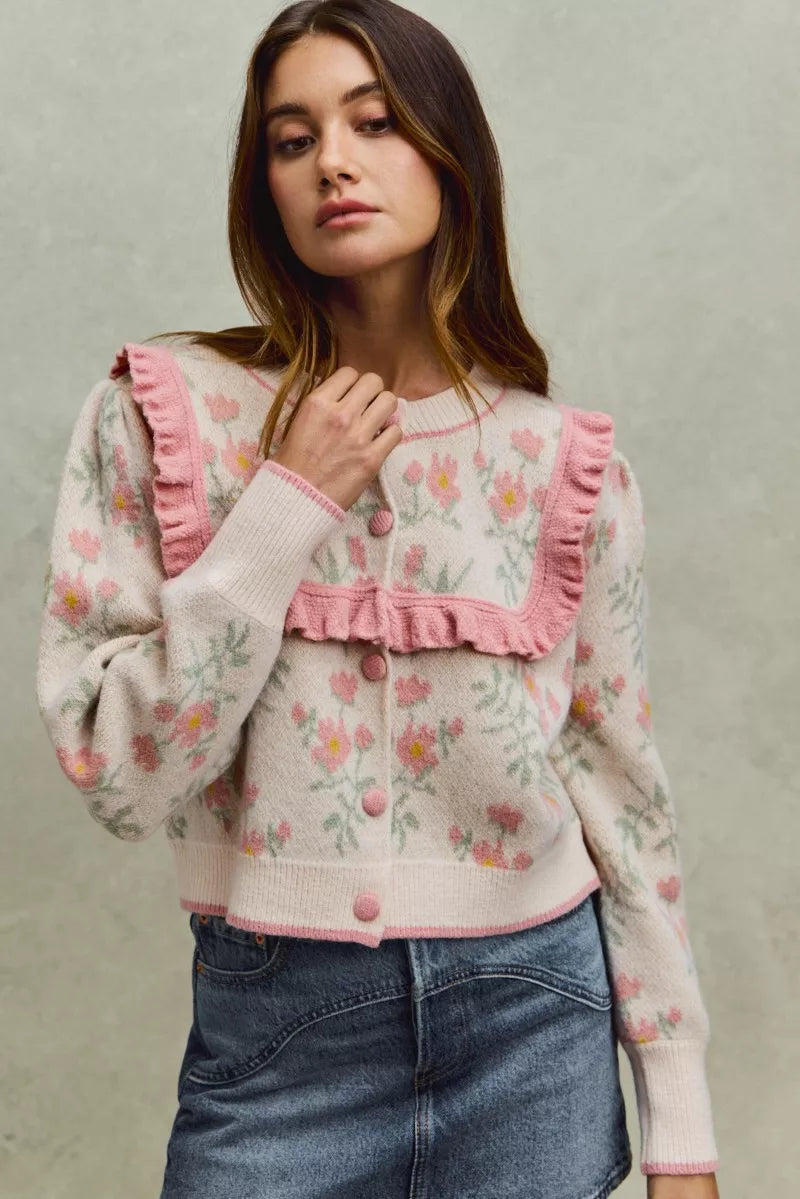 SO ME Flower With Ruffle Detailing Sweater Cardigan free shipping -Oh Em Gee Boutique