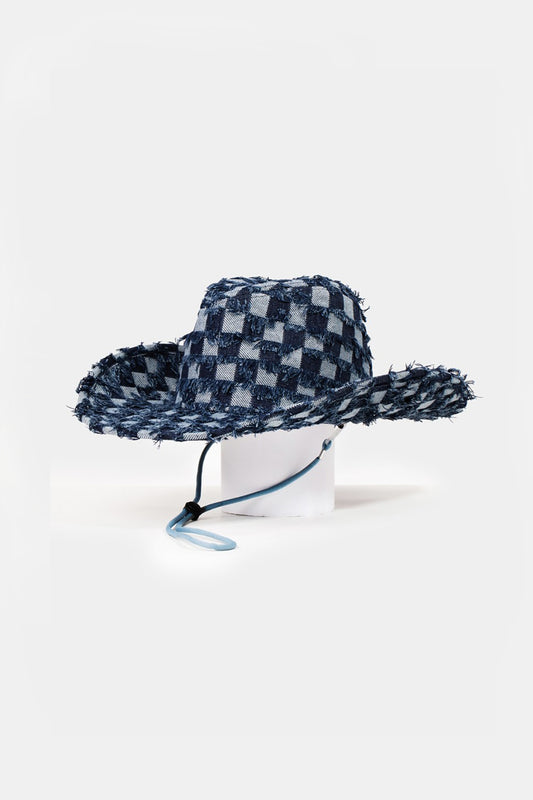 Fame Checkered Fringe Denim Cowboy Hat free shipping -Oh Em Gee Boutique