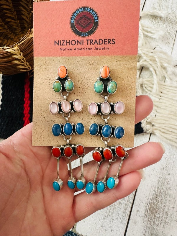 Navajo Multi Stone & Sterling Silver Chandelier Dangle Earrings free shipping -Oh Em Gee Boutique