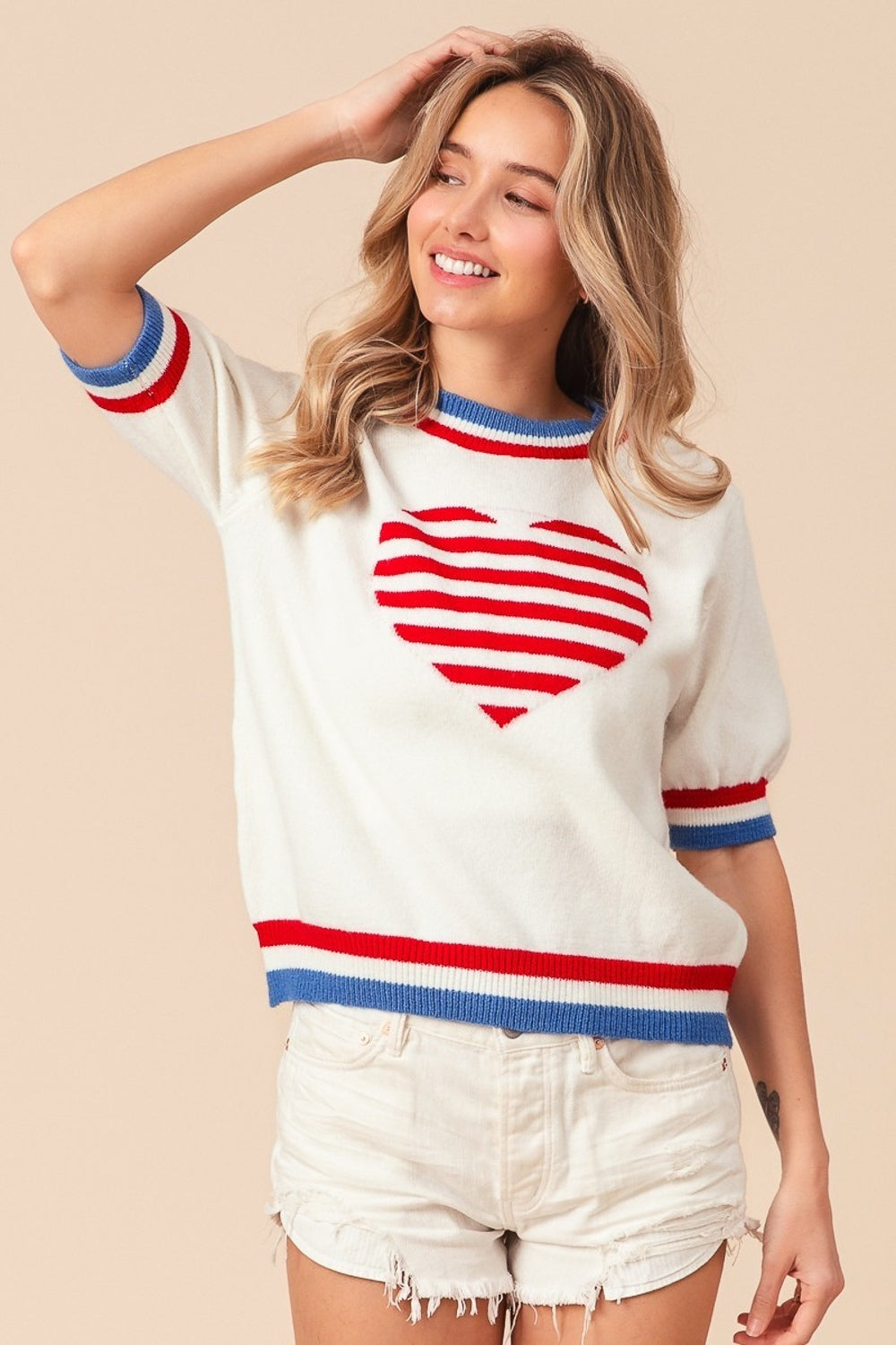 BiBi US Flag Theme Striped Heart Sweater free shipping -Oh Em Gee Boutique