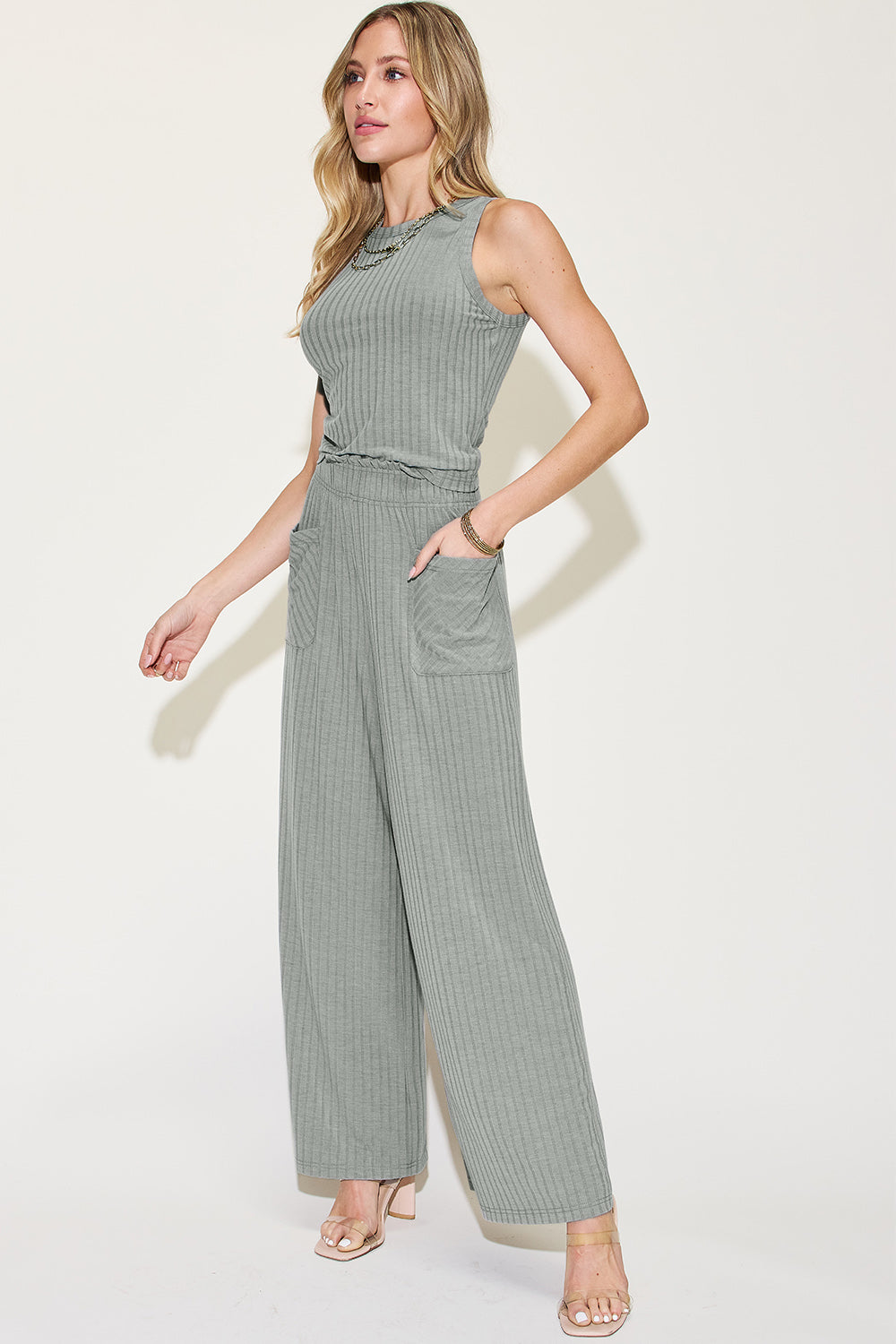 Basic Bae Full Size Ribbed Tank and Wide Leg Pants Set free shipping -Oh Em Gee Boutique