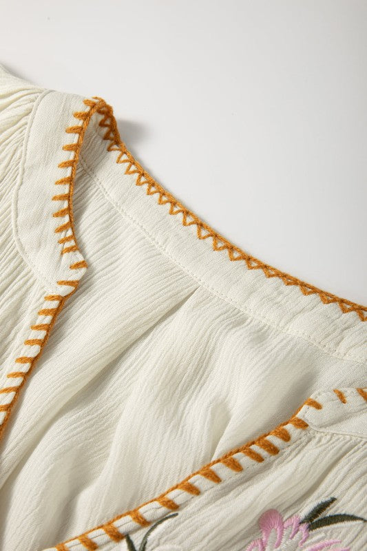 Floral Embroidered Textured Puff Sleeve Shirt free shipping -Oh Em Gee Boutique