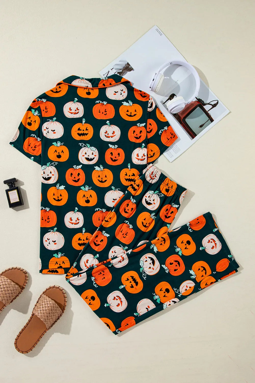 Pumpkin Printed Short Sleeve Top and Pants Lounge Set free shipping -Oh Em Gee Boutique