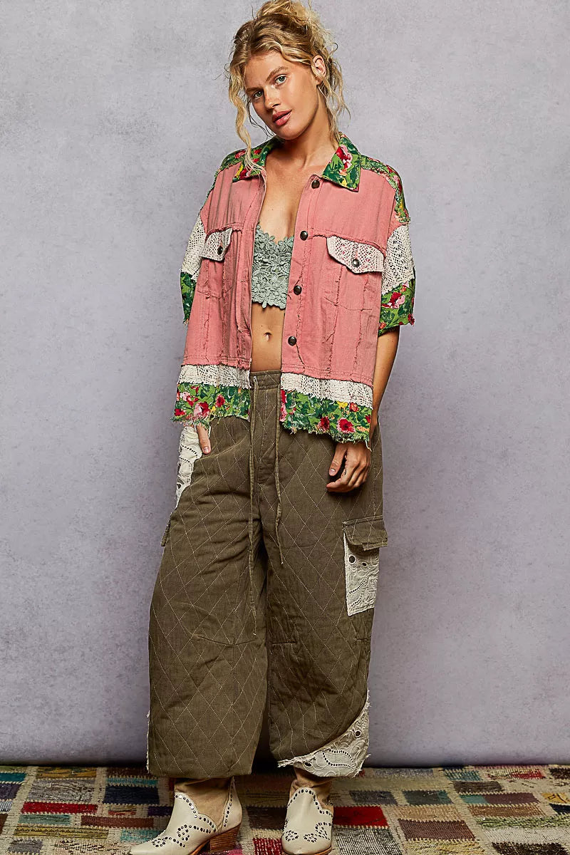 POL Lace Patch Floral Half Sleeve Shacket free shipping -Oh Em Gee Boutique