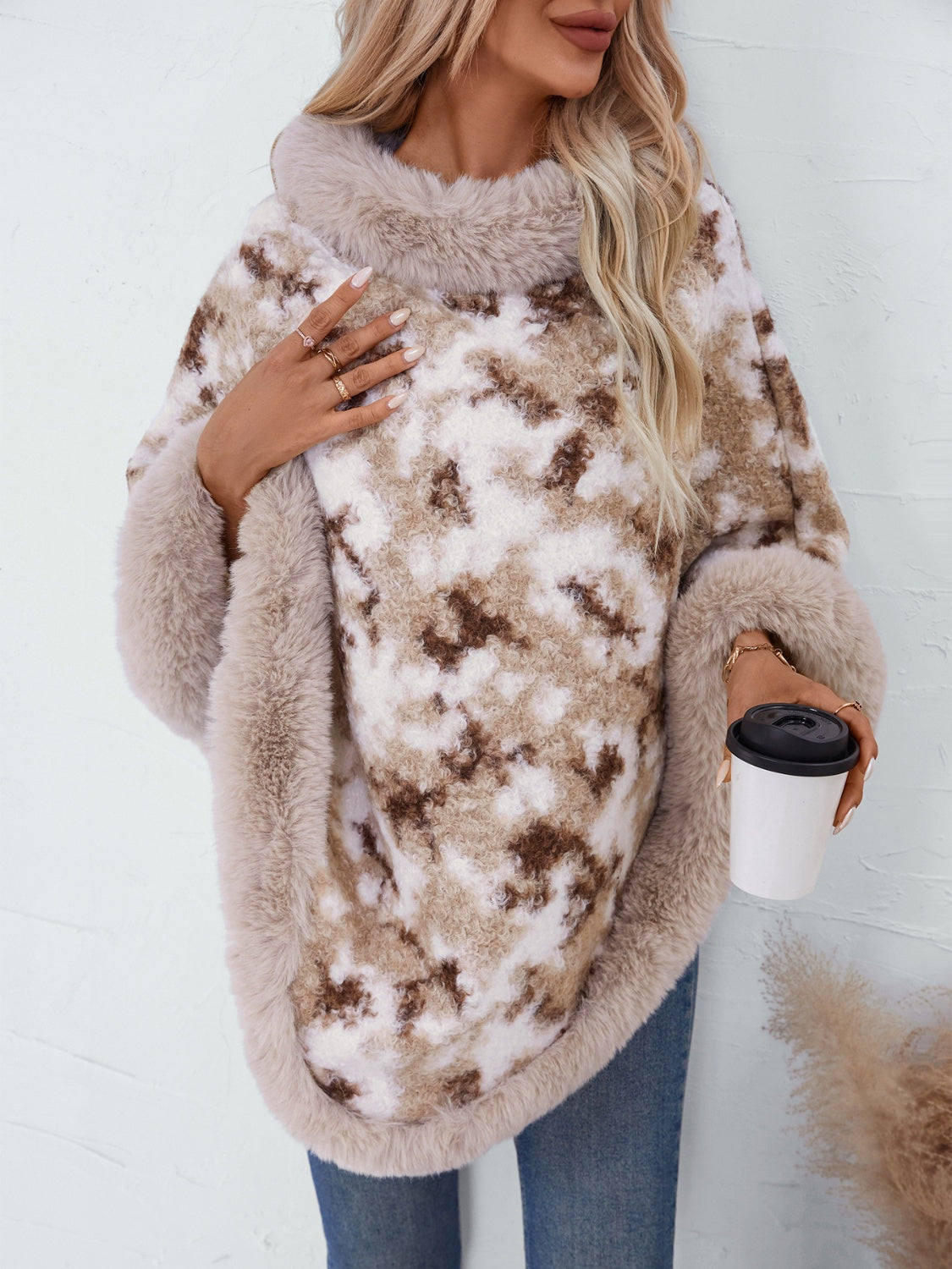 Furry Contrast Three-Quarter Poncho free shipping -Oh Em Gee Boutique