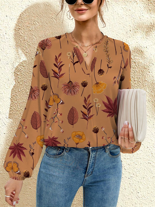 FAM-FAM Printed Notched Long Sleeve Blouse free shipping -Oh Em Gee Boutique