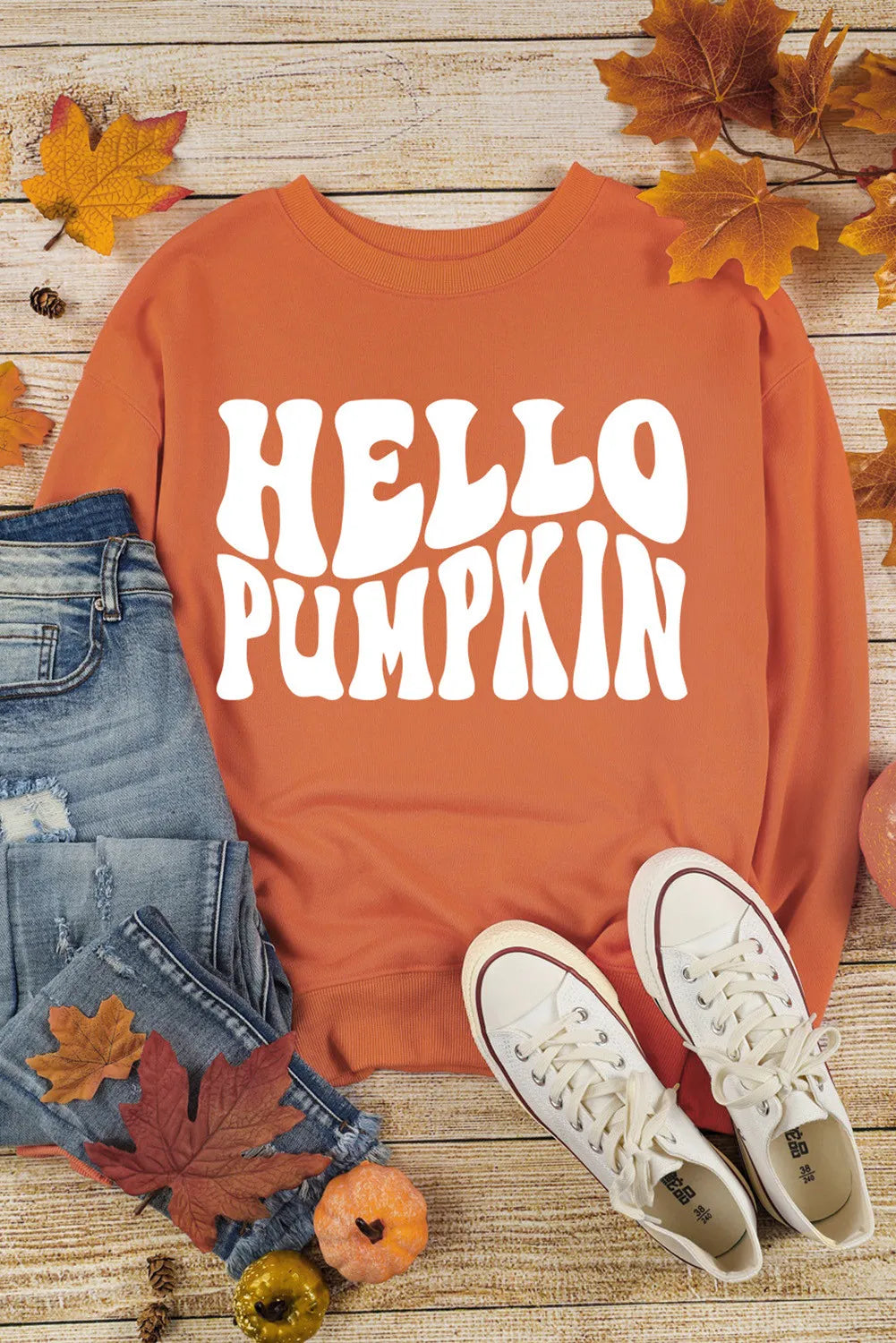 Letter Graphic Round Neck Long Sleeve Sweatshirt, Hello Pumpkin free shipping -Oh Em Gee Boutique